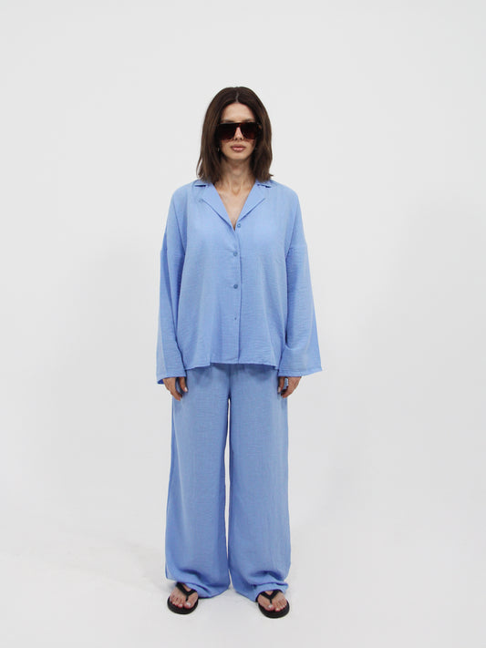 Blue Linen Look Beach Shirt